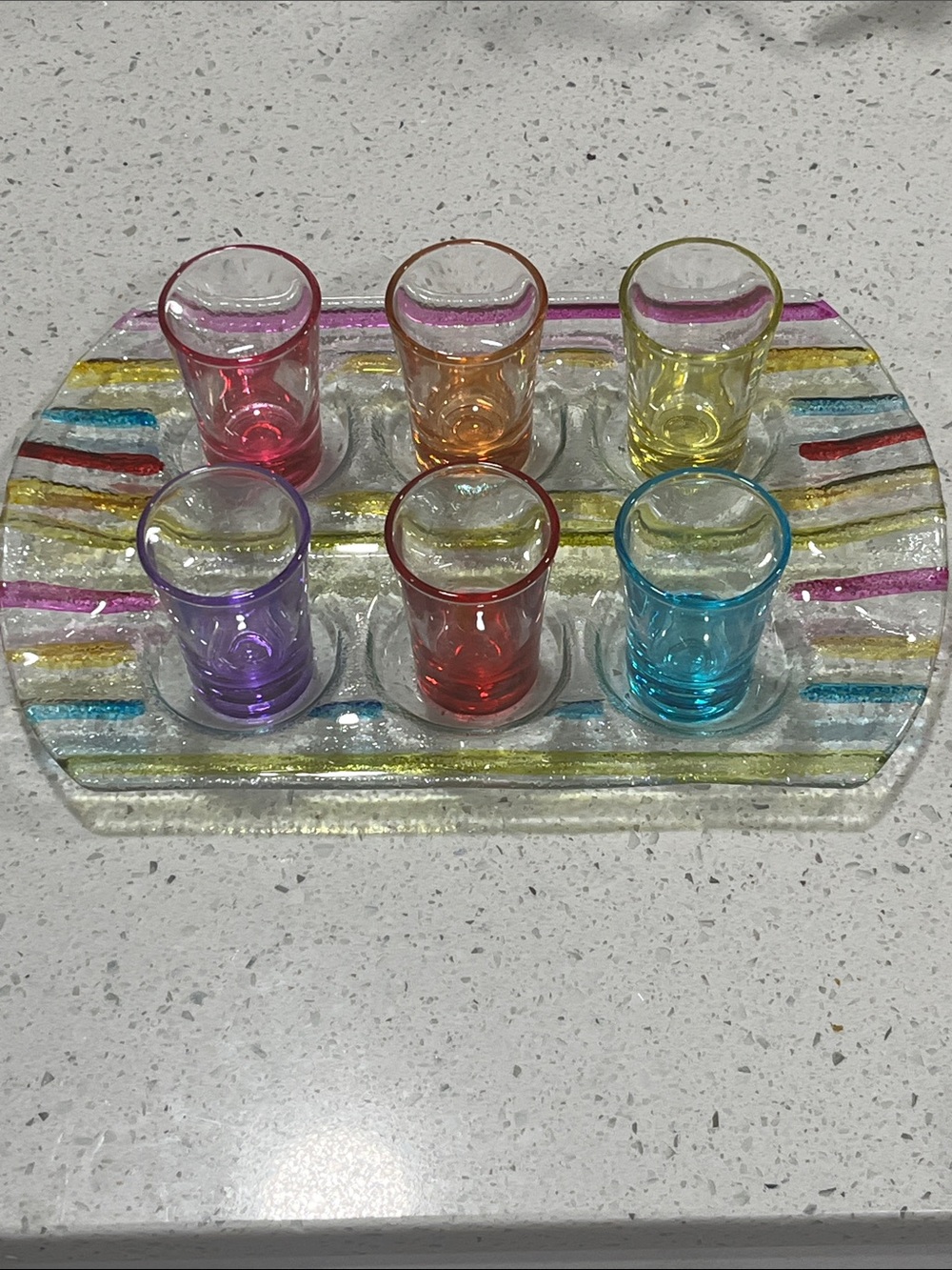 Fiesta Colorful Glass Shot Glass Set with Striped Serving Tray NIB 7 pc set